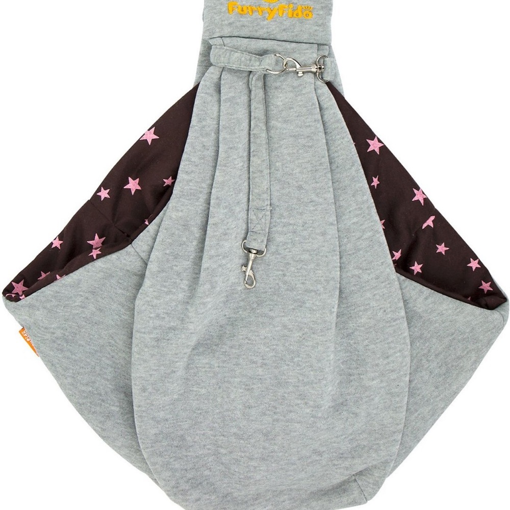 Gray dog sling carrier. For small dogs.